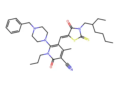 6-(4-benzylpiperazin-1-yl)-5-[[3-(2-ethylhexyl)-4-oxo-2-sulfanylidene-1,3-thiazolidin-5-ylidene]methyl]-4-methyl-2-oxo-1-propylpyridine-3-carbonitrile structure