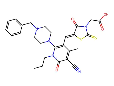 2-[5-[[2-(4-benzylpiperazin-1-yl)-5-cyano-4-methyl-6-oxo-1-propylpyridin-3-yl]methylidene]-4-oxo-2-sulfanylidene-1,3-thiazolidin-3-yl]acetic acid structure