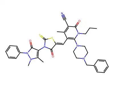 6-(4-benzylpiperazin-1-yl)-5-[[3-(1,5-dimethyl-3-oxo-2-phenylpyrazol-4-yl)-4-oxo-2-sulfanylidene-1,3-thiazolidin-5-ylidene]methyl]-4-methyl-2-oxo-1-propylpyridine-3-carbonitrile structure