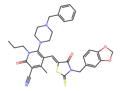 5-[[3-(1,3-benzodioxol-5-ylmethyl)-4-oxo-2-sulfanylidene-1,3-thiazolidin-5-ylidene]methyl]-6-(4-benzylpiperazin-1-yl)-4-methyl-2-oxo-1-propylpyridine-3-carbonitrile structure