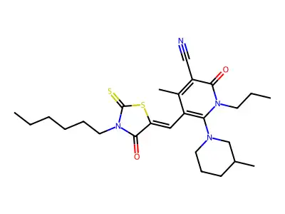 5-[(3-hexyl-4-oxo-2-sulfanylidene-1,3-thiazolidin-5-ylidene)methyl]-4-methyl-6-(3-methylpiperidin-1-yl)-2-oxo-1-propylpyridine-3-carbonitrile structure