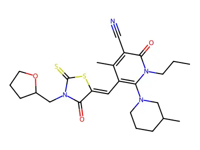 4-Methyl-6-(3-methylpiperidin-1-yl)-2-oxo-5-({4-oxo-3-[(oxolan-2-yl)methyl]-2-sulfanylidene-1,3-thiazolidin-5-ylidene}methyl)-1-propyl-1,2-dihydropyridine-3-carbonitrile structure