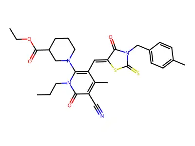 Ethyl 1-[5-cyano-4-methyl-3-({3-[(4-methylphenyl)methyl]-4-oxo-2-sulfanylidene-1,3-thiazolidin-5-ylidene}methyl)-6-oxo-1-propyl-1,6-dihydropyridin-2-yl]piperidine-3-carboxylate structure