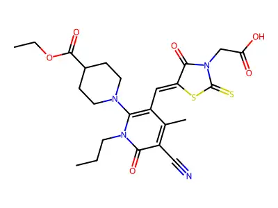 2-[5-[[5-cyano-2-(4-ethoxycarbonylpiperidin-1-yl)-4-methyl-6-oxo-1-propylpyridin-3-yl]methylidene]-4-oxo-2-sulfanylidene-1,3-thiazolidin-3-yl]acetic acid structure