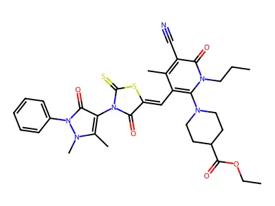 ethyl 1-[5-cyano-3-[[3-(1,5-dimethyl-3-oxo-2-phenylpyrazol-4-yl)-4-oxo-2-sulfanylidene-1,3-thiazolidin-5-ylidene]methyl]-4-methyl-6-oxo-1-propylpyridin-2-yl]piperidine-4-carboxylate structure
