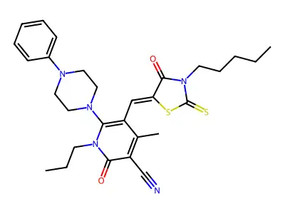 4-methyl-2-oxo-5-[(4-oxo-3-pentyl-2-sulfanylidene-1,3-thiazolidin-5-ylidene)methyl]-6-(4-phenylpiperazin-1-yl)-1-propylpyridine-3-carbonitrile structure