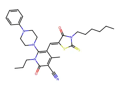 5-[(3-hexyl-4-oxo-2-sulfanylidene-1,3-thiazolidin-5-ylidene)methyl]-4-methyl-2-oxo-6-(4-phenylpiperazin-1-yl)-1-propylpyridine-3-carbonitrile structure