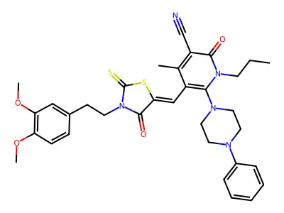 5-({3-[2-(3,4-Dimethoxyphenyl)ethyl]-4-oxo-2-sulfanylidene-1,3-thiazolidin-5-ylidene}methyl)-4-methyl-2-oxo-6-(4-phenylpiperazin-1-yl)-1-propyl-1,2-dihydropyridine-3-carbonitrile structure