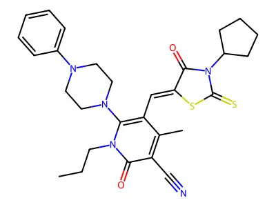 5-[(3-Cyclopentyl-4-oxo-2-sulfanylidene-1,3-thiazolidin-5-ylidene)methyl]-4-methyl-2-oxo-6-(4-phenylpiperazin-1-yl)-1-propyl-1,2-dihydropyridine-3-carbonitrile structure