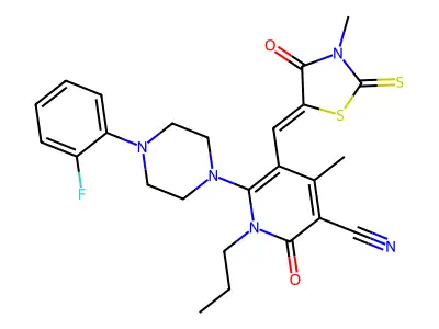 6-[4-(2-Fluorophenyl)piperazin-1-yl]-4-methyl-5-[(3-methyl-4-oxo-2-sulfanylidene-1,3-thiazolidin-5-ylidene)methyl]-2-oxo-1-propyl-1,2-dihydropyridine-3-carbonitrile structure