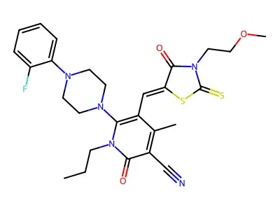 6-[4-(2-fluorophenyl)piperazin-1-yl]-5-[[3-(2-methoxyethyl)-4-oxo-2-sulfanylidene-1,3-thiazolidin-5-ylidene]methyl]-4-methyl-2-oxo-1-propylpyridine-3-carbonitrile structure