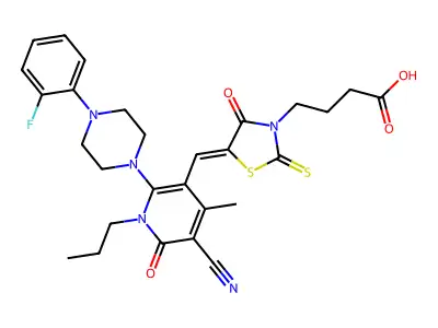 4-[5-({5-Cyano-2-[4-(2-fluorophenyl)piperazin-1-yl]-4-methyl-6-oxo-1-propyl-1,6-dihydropyridin-3-yl}methylidene)-4-oxo-2-sulfanylidene-1,3-thiazolidin-3-yl]butanoic acid structure