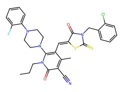 5-({3-[(2-Chlorophenyl)methyl]-4-oxo-2-sulfanylidene-1,3-thiazolidin-5-ylidene}methyl)-6-[4-(2-fluorophenyl)piperazin-1-yl]-4-methyl-2-oxo-1-propyl-1,2-dihydropyridine-3-carbonitrile structure
