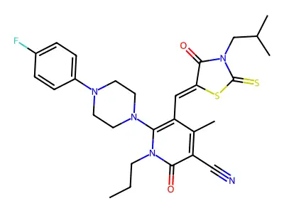 6-[4-(4-fluorophenyl)piperazin-1-yl]-4-methyl-5-[[3-(2-methylpropyl)-4-oxo-2-sulfanylidene-1,3-thiazolidin-5-ylidene]methyl]-2-oxo-1-propylpyridine-3-carbonitrile structure