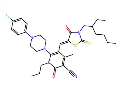 5-{[3-(2-Ethylhexyl)-4-oxo-2-sulfanylidene-1,3-thiazolidin-5-ylidene]methyl}-6-[4-(4-fluorophenyl)piperazin-1-yl]-4-methyl-2-oxo-1-propyl-1,2-dihydropyridine-3-carbonitrile structure