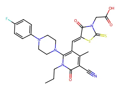 [5-({5-Cyano-2-[4-(4-fluorophenyl)piperazin-1-yl]-4-methyl-6-oxo-1-propyl-1,6-dihydropyridin-3-yl}methylidene)-4-oxo-2-sulfanylidene-1,3-thiazolidin-3-yl]acetic acid structure