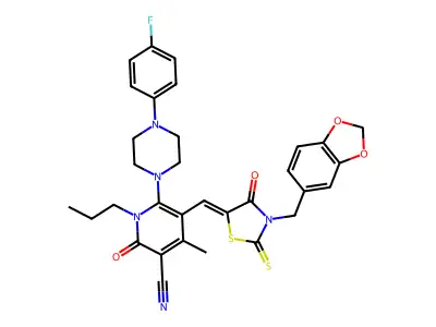5-({3-[(2H-1,3-Benzodioxol-5-yl)methyl]-4-oxo-2-sulfanylidene-1,3-thiazolidin-5-ylidene}methyl)-6-[4-(4-fluorophenyl)piperazin-1-yl]-4-methyl-2-oxo-1-propyl-1,2-dihydropyridine-3-carbonitrile structure