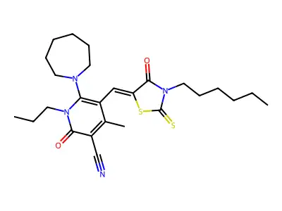 6-(azepan-1-yl)-5-[(3-hexyl-4-oxo-2-sulfanylidene-1,3-thiazolidin-5-ylidene)methyl]-4-methyl-2-oxo-1-propylpyridine-3-carbonitrile structure