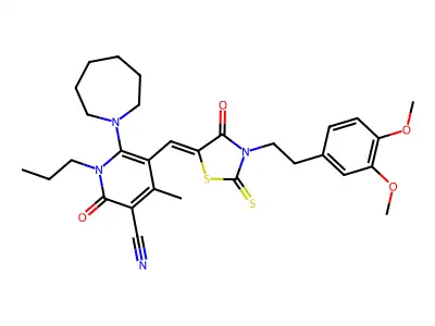 6-(Azepan-1-yl)-5-({3-[2-(3,4-dimethoxyphenyl)ethyl]-4-oxo-2-sulfanylidene-1,3-thiazolidin-5-ylidene}methyl)-4-methyl-2-oxo-1-propyl-1,2-dihydropyridine-3-carbonitrile structure