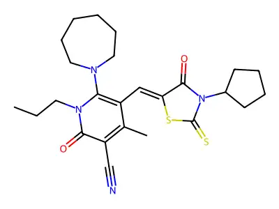 6-(Azepan-1-yl)-5-[(3-cyclopentyl-4-oxo-2-sulfanylidene-1,3-thiazolidin-5-ylidene)methyl]-4-methyl-2-oxo-1-propyl-1,2-dihydropyridine-3-carbonitrile structure