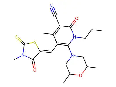 6-(2,6-Dimethylmorpholin-4-yl)-4-methyl-5-[(3-methyl-4-oxo-2-sulfanylidene-1,3-thiazolidin-5-ylidene)methyl]-2-oxo-1-propyl-1,2-dihydropyridine-3-carbonitrile structure