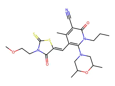 6-(2,6-Dimethylmorpholin-4-yl)-5-{[3-(2-methoxyethyl)-4-oxo-2-sulfanylidene-1,3-thiazolidin-5-ylidene]methyl}-4-methyl-2-oxo-1-propyl-1,2-dihydropyridine-3-carbonitrile structure