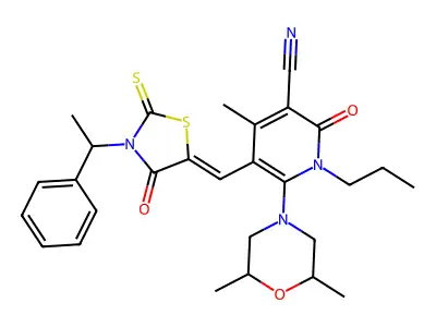 6-(2,6-dimethylmorpholin-4-yl)-4-methyl-2-oxo-5-[[4-oxo-3-(1-phenylethyl)-2-sulfanylidene-1,3-thiazolidin-5-ylidene]methyl]-1-propylpyridine-3-carbonitrile structure