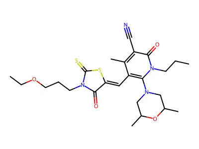6-(2,6-dimethylmorpholin-4-yl)-5-[[3-(3-ethoxypropyl)-4-oxo-2-sulfanylidene-1,3-thiazolidin-5-ylidene]methyl]-4-methyl-2-oxo-1-propylpyridine-3-carbonitrile structure