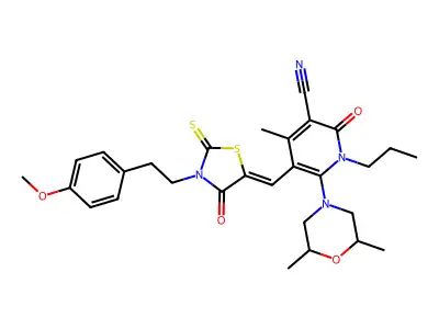 6-(2,6-Dimethylmorpholin-4-yl)-5-({3-[2-(4-methoxyphenyl)ethyl]-4-oxo-2-sulfanylidene-1,3-thiazolidin-5-ylidene}methyl)-4-methyl-2-oxo-1-propyl-1,2-dihydropyridine-3-carbonitrile structure