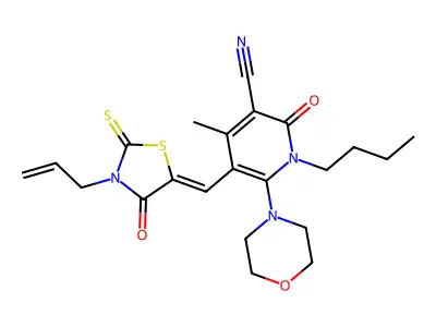 1-Butyl-4-methyl-6-(morpholin-4-yl)-2-oxo-5-{[4-oxo-3-(prop-2-en-1-yl)-2-sulfanylidene-1,3-thiazolidin-5-ylidene]methyl}-1,2-dihydropyridine-3-carbonitrile structure