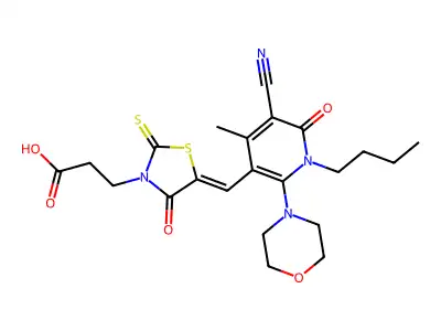 3-(5-{[1-Butyl-5-cyano-4-methyl-2-(morpholin-4-yl)-6-oxo-1,6-dihydropyridin-3-yl]methylidene}-4-oxo-2-sulfanylidene-1,3-thiazolidin-3-yl)propanoic acid structure