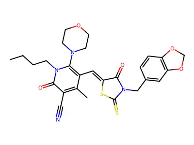 5-({3-[(2H-1,3-Benzodioxol-5-yl)methyl]-4-oxo-2-sulfanylidene-1,3-thiazolidin-5-ylidene}methyl)-1-butyl-4-methyl-6-(morpholin-4-yl)-2-oxo-1,2-dihydropyridine-3-carbonitrile structure