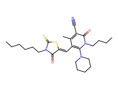 1-Butyl-5-[(3-hexyl-4-oxo-2-sulfanylidene-1,3-thiazolidin-5-ylidene)methyl]-4-methyl-2-oxo-6-(piperidin-1-yl)-1,2-dihydropyridine-3-carbonitrile structure