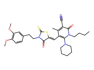 1-butyl-5-[[3-[2-(3,4-dimethoxyphenyl)ethyl]-4-oxo-2-sulfanylidene-1,3-thiazolidin-5-ylidene]methyl]-4-methyl-2-oxo-6-piperidin-1-ylpyridine-3-carbonitrile structure