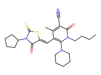 1-Butyl-5-[(3-cyclopentyl-4-oxo-2-sulfanylidene-1,3-thiazolidin-5-ylidene)methyl]-4-methyl-2-oxo-6-(piperidin-1-yl)-1,2-dihydropyridine-3-carbonitrile structure