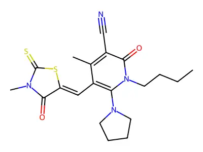 1-Butyl-4-methyl-5-[(3-methyl-4-oxo-2-sulfanylidene-1,3-thiazolidin-5-ylidene)methyl]-2-oxo-6-(pyrrolidin-1-yl)-1,2-dihydropyridine-3-carbonitrile structure