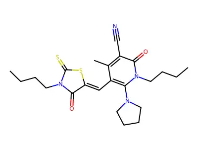 1-Butyl-5-[(3-butyl-4-oxo-2-sulfanylidene-1,3-thiazolidin-5-ylidene)methyl]-4-methyl-2-oxo-6-(pyrrolidin-1-yl)-1,2-dihydropyridine-3-carbonitrile structure