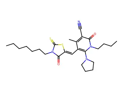 1-Butyl-5-[(3-heptyl-4-oxo-2-sulfanylidene-1,3-thiazolidin-5-ylidene)methyl]-4-methyl-2-oxo-6-(pyrrolidin-1-yl)-1,2-dihydropyridine-3-carbonitrile structure