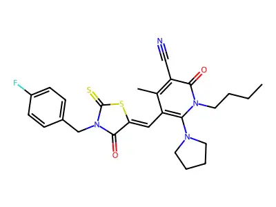 1-butyl-5-[[3-[(4-fluorophenyl)methyl]-4-oxo-2-sulfanylidene-1,3-thiazolidin-5-ylidene]methyl]-4-methyl-2-oxo-6-pyrrolidin-1-ylpyridine-3-carbonitrile structure