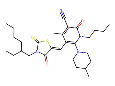 1-Butyl-5-{[3-(2-ethylhexyl)-4-oxo-2-sulfanylidene-1,3-thiazolidin-5-ylidene]methyl}-4-methyl-6-(4-methylpiperidin-1-yl)-2-oxo-1,2-dihydropyridine-3-carbonitrile structure