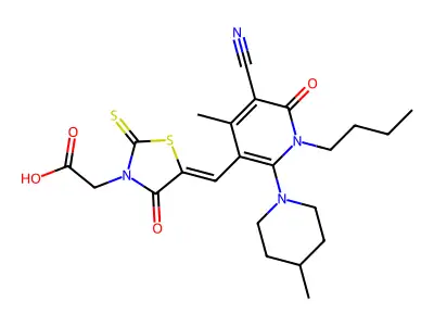 (5-{[1-Butyl-5-cyano-4-methyl-2-(4-methylpiperidin-1-yl)-6-oxo-1,6-dihydropyridin-3-yl]methylidene}-4-oxo-2-sulfanylidene-1,3-thiazolidin-3-yl)acetic acid structure