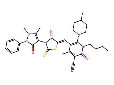 1-butyl-5-[[3-(1,5-dimethyl-3-oxo-2-phenylpyrazol-4-yl)-4-oxo-2-sulfanylidene-1,3-thiazolidin-5-ylidene]methyl]-4-methyl-6-(4-methylpiperidin-1-yl)-2-oxopyridine-3-carbonitrile structure