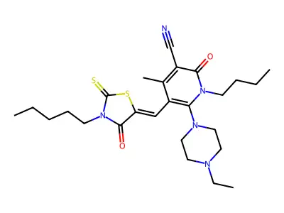 1-butyl-6-(4-ethylpiperazin-1-yl)-4-methyl-2-oxo-5-[(4-oxo-3-pentyl-2-sulfanylidene-1,3-thiazolidin-5-ylidene)methyl]pyridine-3-carbonitrile structure