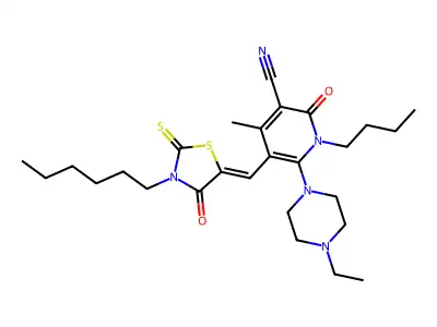 1-butyl-6-(4-ethylpiperazin-1-yl)-5-[(3-hexyl-4-oxo-2-sulfanylidene-1,3-thiazolidin-5-ylidene)methyl]-4-methyl-2-oxopyridine-3-carbonitrile structure