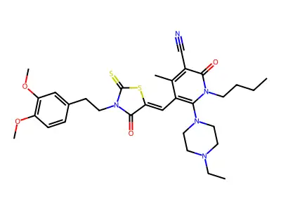 1-butyl-5-[[3-[2-(3,4-dimethoxyphenyl)ethyl]-4-oxo-2-sulfanylidene-1,3-thiazolidin-5-ylidene]methyl]-6-(4-ethylpiperazin-1-yl)-4-methyl-2-oxopyridine-3-carbonitrile structure