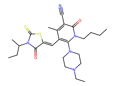 5-[(3-butan-2-yl-4-oxo-2-sulfanylidene-1,3-thiazolidin-5-ylidene)methyl]-1-butyl-6-(4-ethylpiperazin-1-yl)-4-methyl-2-oxopyridine-3-carbonitrile structure