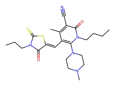 1-Butyl-4-methyl-6-(4-methylpiperazin-1-yl)-2-oxo-5-[(4-oxo-3-propyl-2-sulfanylidene-1,3-thiazolidin-5-ylidene)methyl]-1,2-dihydropyridine-3-carbonitrile structure