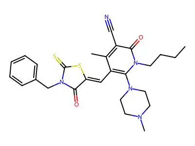 5-[(3-Benzyl-4-oxo-2-sulfanylidene-1,3-thiazolidin-5-ylidene)methyl]-1-butyl-4-methyl-6-(4-methylpiperazin-1-yl)-2-oxo-1,2-dihydropyridine-3-carbonitrile structure