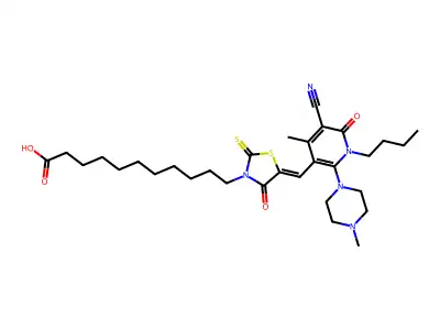 11-(5-{[1-Butyl-5-cyano-4-methyl-2-(4-methylpiperazin-1-yl)-6-oxo-1,6-dihydropyridin-3-yl]methylidene}-4-oxo-2-sulfanylidene-1,3-thiazolidin-3-yl)undecanoic acid structure
