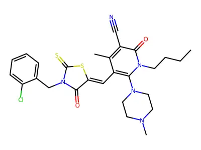 1-butyl-5-[[3-[(2-chlorophenyl)methyl]-4-oxo-2-sulfanylidene-1,3-thiazolidin-5-ylidene]methyl]-4-methyl-6-(4-methylpiperazin-1-yl)-2-oxopyridine-3-carbonitrile structure